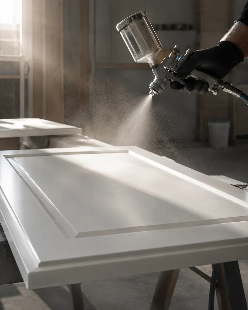Cabinet door being spray-finished on sawhorses in a workshop