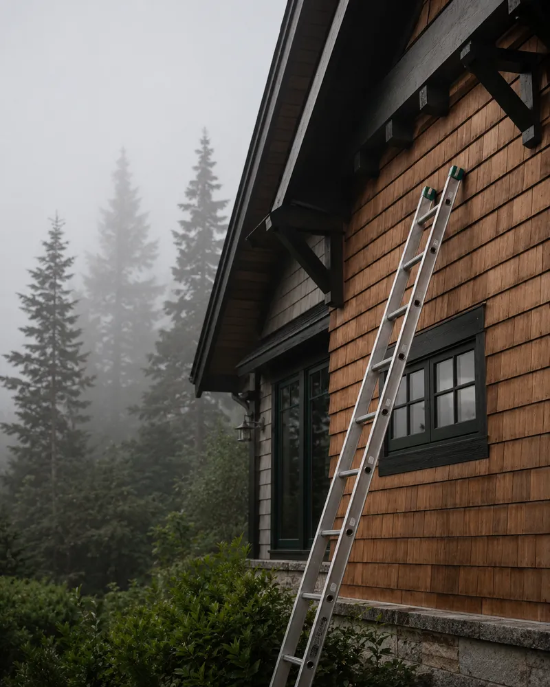 Ladder against a cedar craftsman house on a foggy Pacific Northwest morning