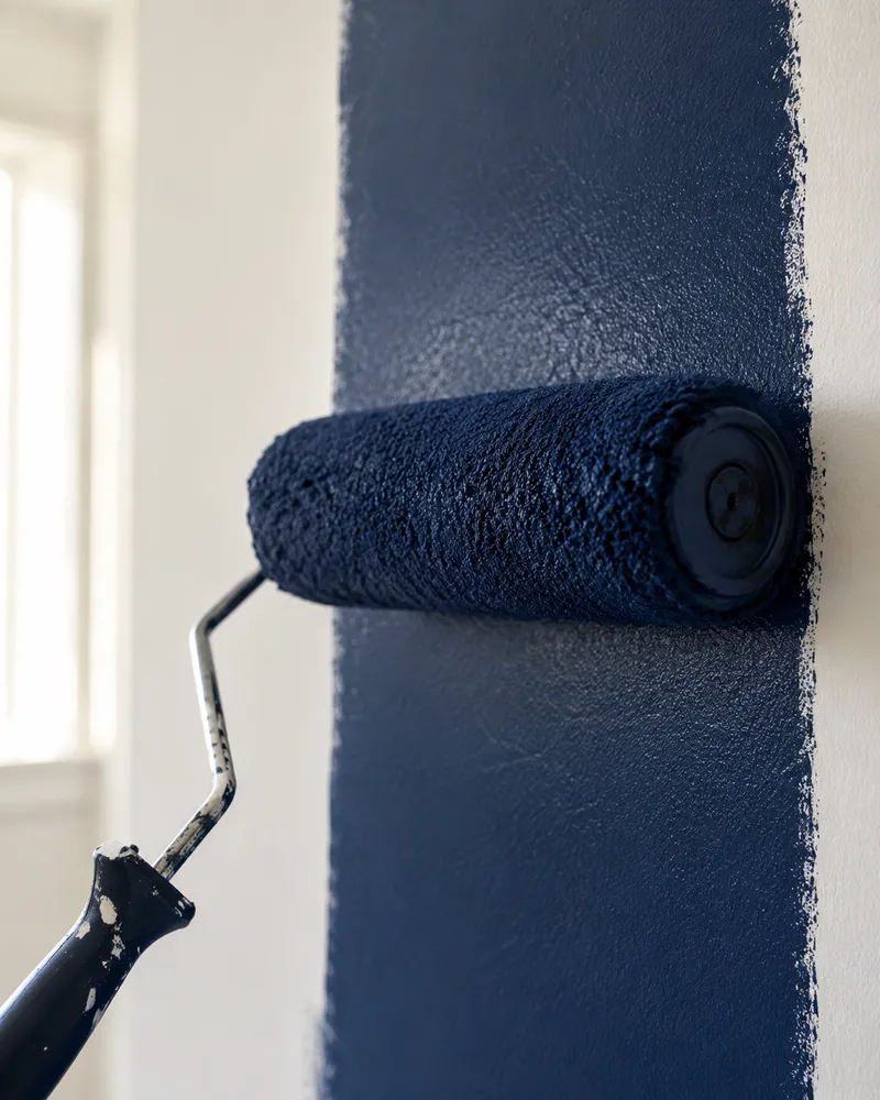 Paint roller laying a smooth coat of deep navy onto a wall